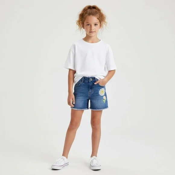 SO Girls Daisy Smiley Crochet Patch Denim Shorts Size 10 Boho Y2K Retro Raw Hem