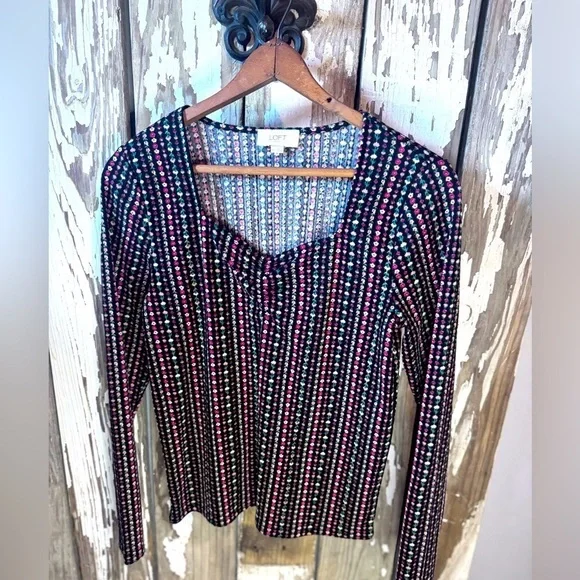 LOFT Women's Black and Pink Floral Striped Top Size XS