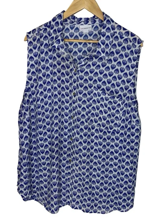 Liz Claiborne Blue and White Sleeveless Printed Button-Front Camisole 1X