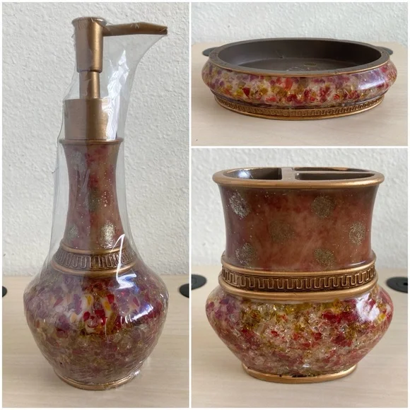 Warm-Toned Bathroom Accessory Set Soap Dispenser Toothbrush Holder Dish