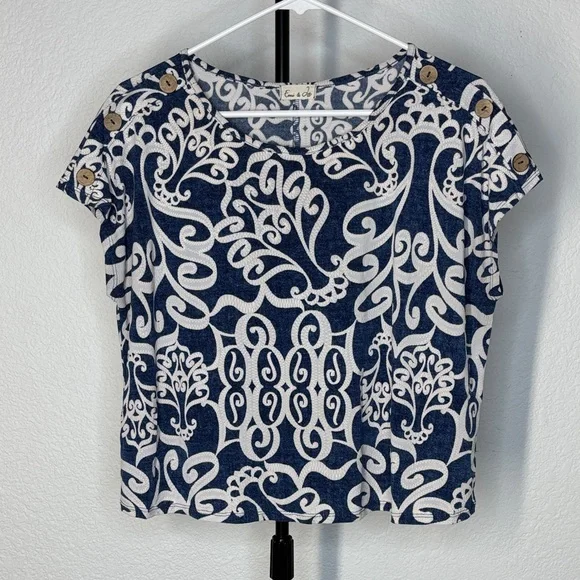 Stylish Navy and White Short Sleeve Top with Button Accents