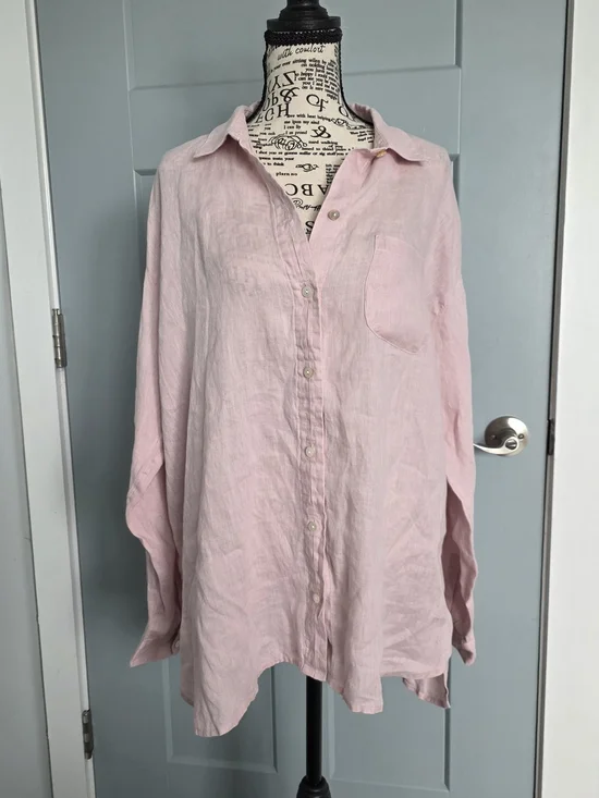 J. Jill Love Linen Pink Button Down Shirt Women's Large Tall L T Breezy Coastal