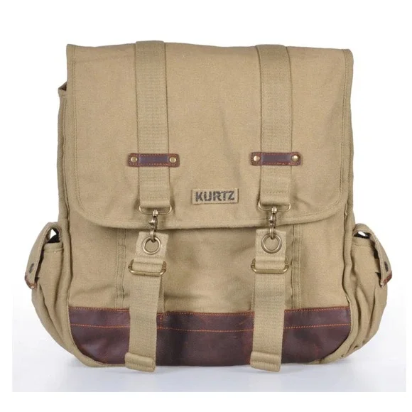 A. Kurtz Maplewood Courier Backpack leather Canvas Paratrooper Khaki Cotton Tan‎
