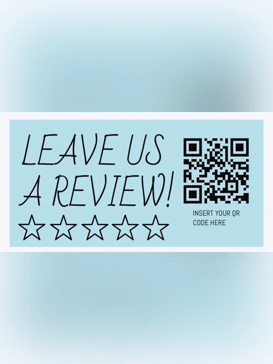 50 CUSTOM STICKERS - 2” x 1” - “LEAVE US A REVIEW” - W/ QR CODE & NAME - BLUE