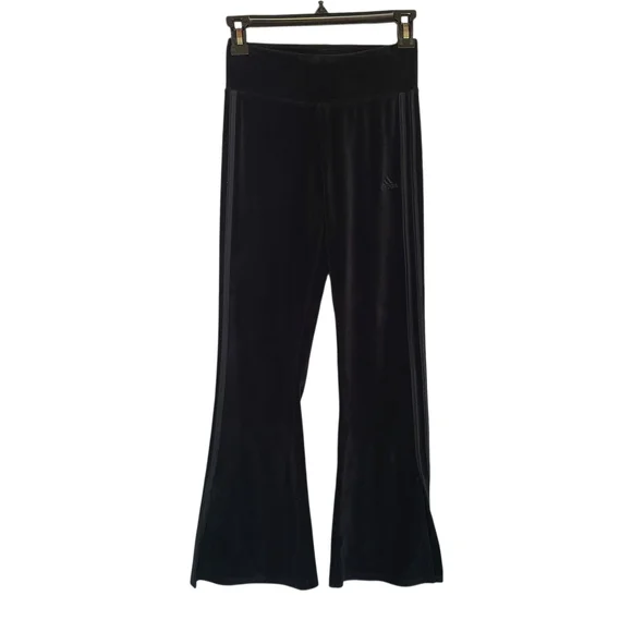 adidas Girls Velour Flare Leggings Black 3-Stripe Slim Fit Split Hem Size L 14
