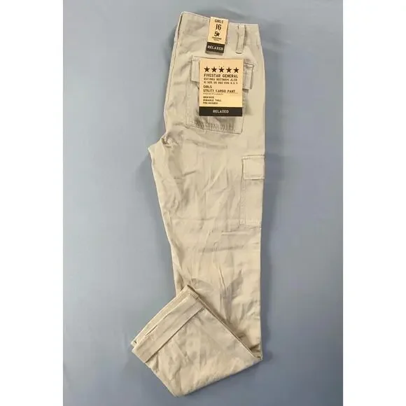 Fivestar General for Tilly's Relaxed Fit Girl's Utility Cargo Pants. Beige, 16