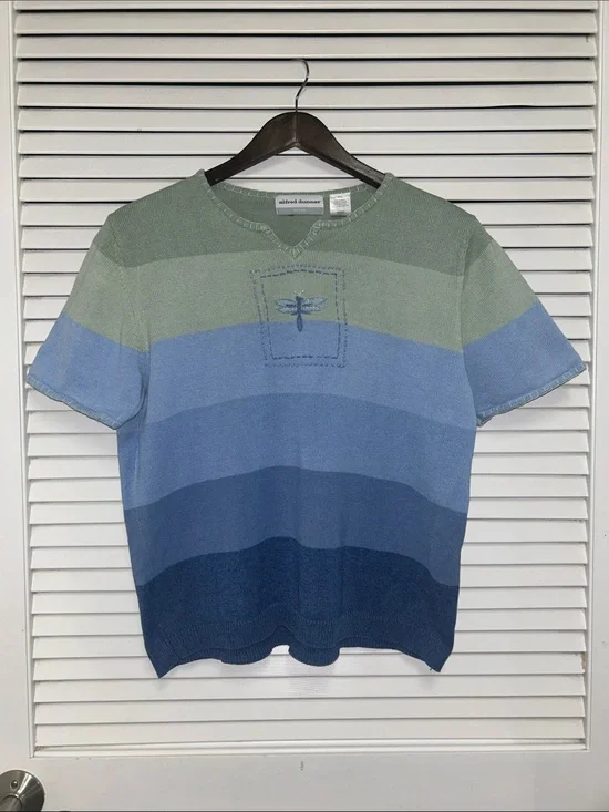 Alfred Dunner Green and Blue Gradient Dragonfly Knit Short Sleeve Sweater
