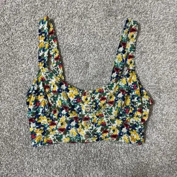 Estam Crop Top Womens Small Floral Button Front Smocked Back Rayon Summer Tank
