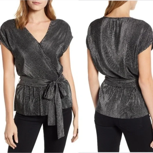 Gibson Black Shimmer Faux Wrap V-Neck Blouse Metallic Party Top Size Large