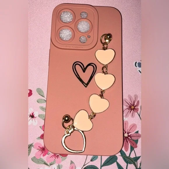 Pink Heart Phone Case with Gold Accent Charms / I Phone 15 Pro