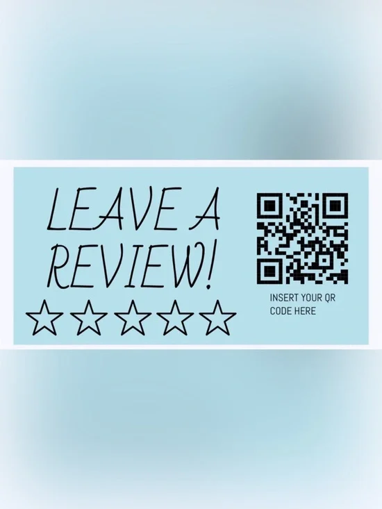50 CUSTOM STICKERS - 2” x 1” - “LEAVE A REVIEW” - W/ YOUR QR CODE & NAME - BLUE