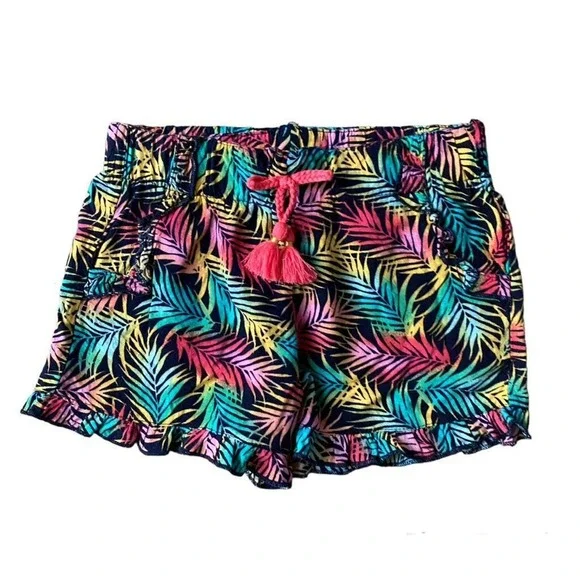 Girls Medium 7-8 Bright Rainbow Palm Leaves Ruffle Stretch Summer Shorts Fun
