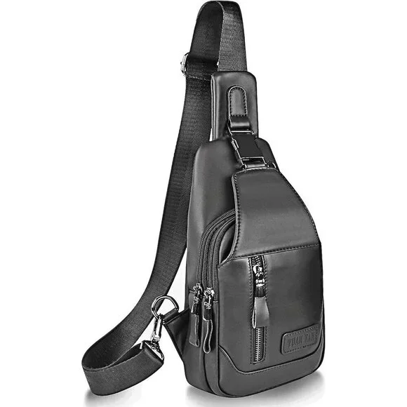 💫 Men Black Crossbody Bags Leather Sling Purse Chest Backpack Shoulder Bags