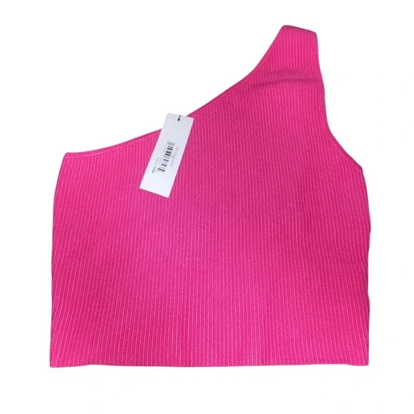 The Drop One Shoulder Hot Pink Ribbed Sleeveless Crop‎ Top - Size S