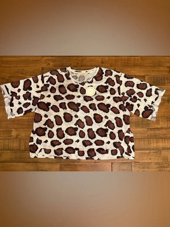 Umgee Women’s Long Sleeve Leopard Print Blouse in White, Brown & Black NWT