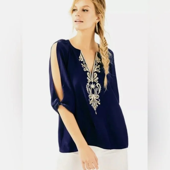 Lilly Pulitzer Bryce Top True Navy 100% Silk Size Small