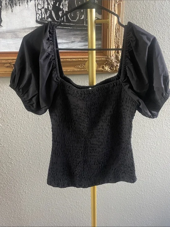 BiBi Black Smocked Top with Puff Sleeves