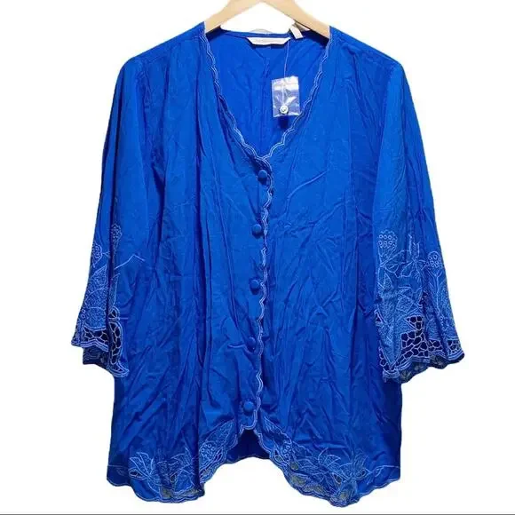 Soft Surroundings Blue Embroidered Floral Button Front Blouse Top Medium
