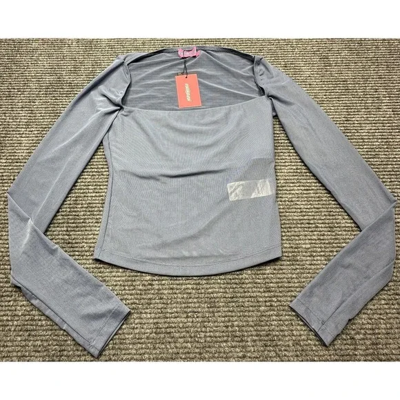 Edikted Mesh Long Sleeve Shirt Womens Small Blue Sheer Square Neck Clubwear Top‎