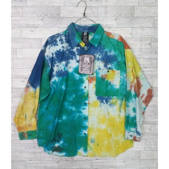 Vintage NEW Short Circuit Tie Dyed Long Sleeve Button Down Shirt Shoulder Pads L