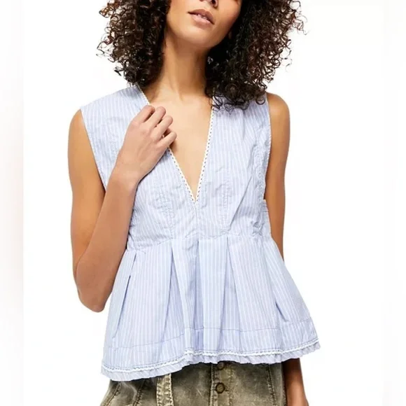 Free People Womens Blue & White Striped Sleeveless Lace Trim Pleated Tank Top‎ M