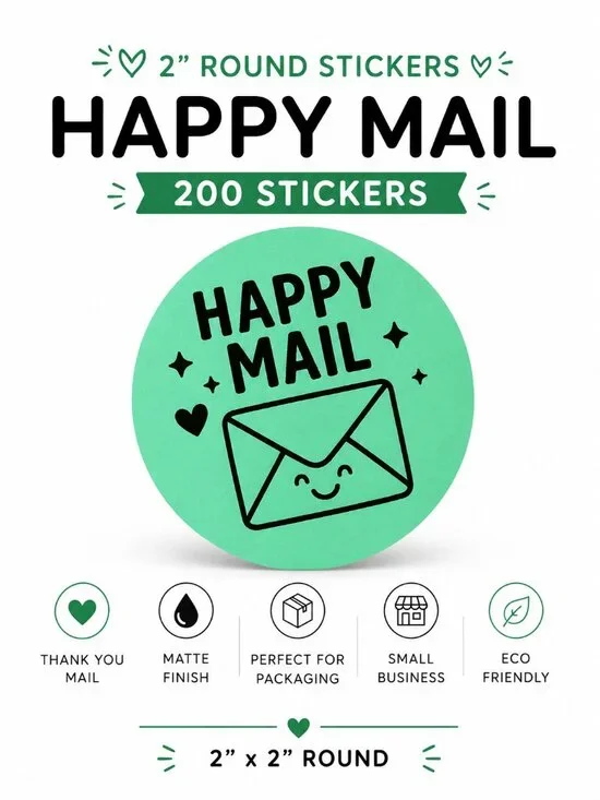 200 Happy Mail Stickers Green 2in Round Labels Small Business Reseller Supplies