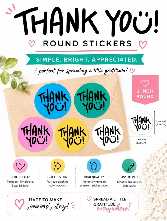 100 Count Thank You Stickers 2x2 Round Matte Labels Assorted Or Single Color