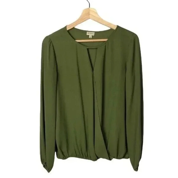 Cremieux Olive Green Faux Wrap Surplice Long Sleeve Blouse XS