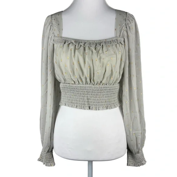 By The River Smocked Crop Top Small Square Neck Puff Sleeve Blouse Gray Gold Dot