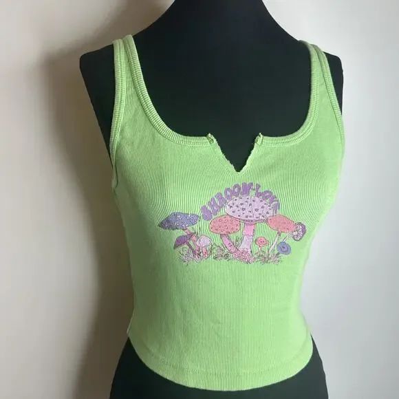 Urban Outfitters Shroom Love Green Cropped Tank Top Graphic Print Womens Medium