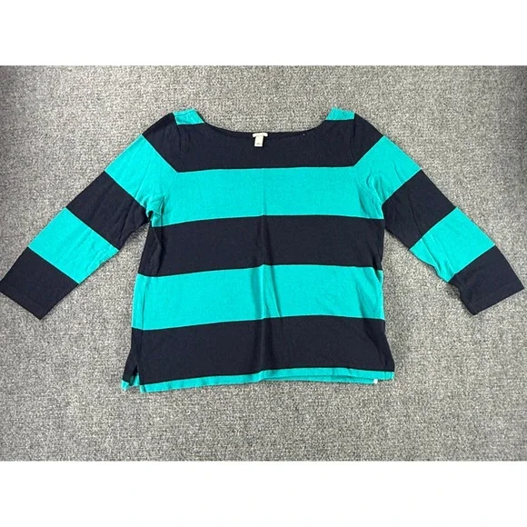 J.Crew Womens Navy Blue Teal Striped Boat Neck 3/4 Sleeve Knit Top‎ Size M