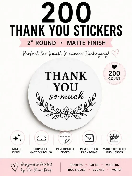 200 White 2inch Thank You Stickers Matte Small Business Packaging Weatherproof