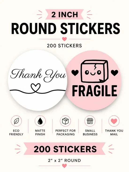 200 Thank You + Fragile Packaging Stickera 2 Inch Round Pink White Bundle