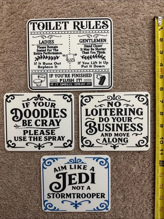 Set of 4 Humorous Bathroom Signs - Black & White