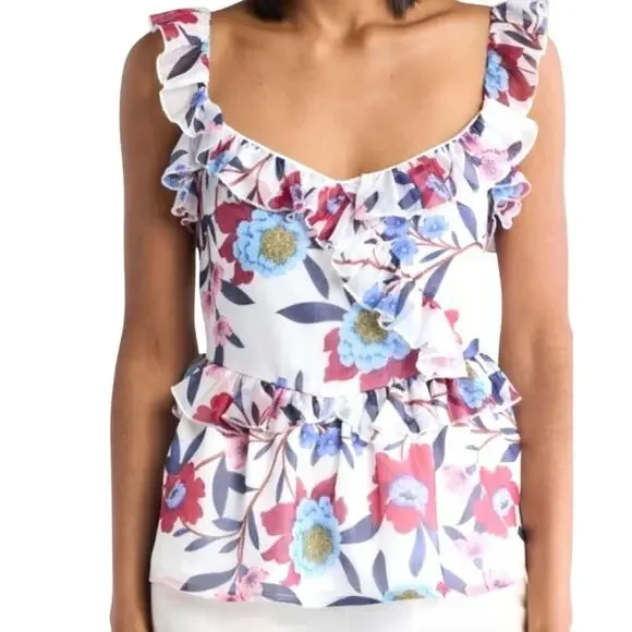 French Connection Aden Bai Lurex Frill‎ Ruffle Cami Top Women's 8 Floral Sparkle