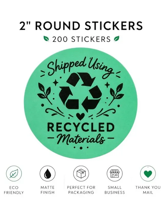 200 Recycled Packaging Stickers 2inch Green Round Small Business Labels