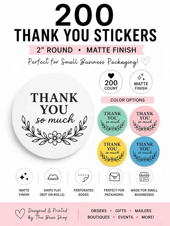 200 White Thank You 2inch Round Weatherpoof Thank You Stickers Mailing Supplies