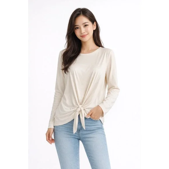 Ann Taylor Ivory Cream Tie Front Knot Long Sleeve Crew Neck Top M Preppy 102-71