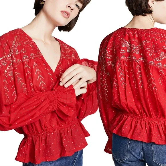 Free People Counting Stars Long Sleeve Boho Blouse in Red XS