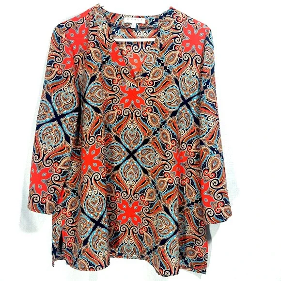 Chaus NY Womens Large Paisley Popover Blouse 3/4 Roll Tab Sleeves V Neck
