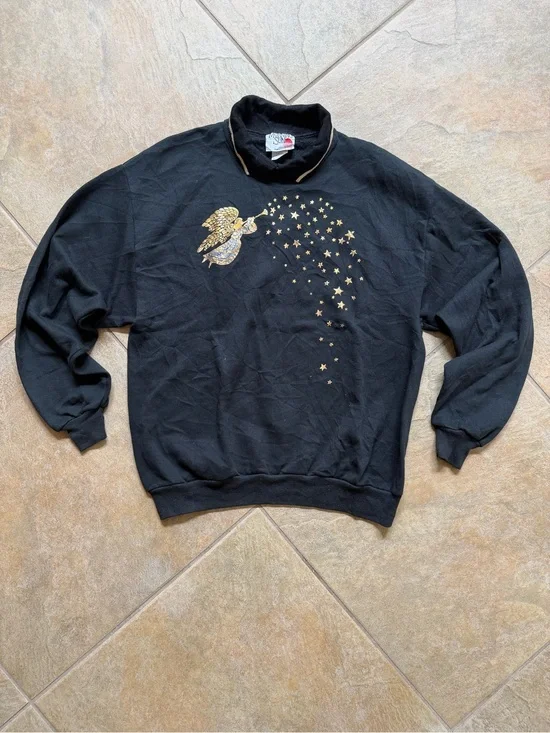 Black Men's Sweater with Gold Angel & Star Embroidery