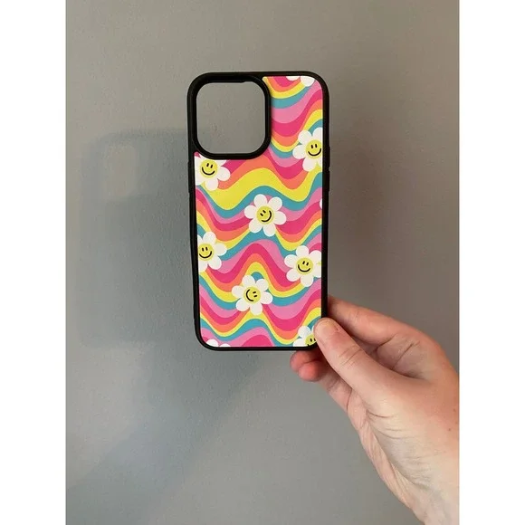iPhone 15 Pro Max Case Unisex OS Multicolor Groovy Daisy Smiley Wave Retro