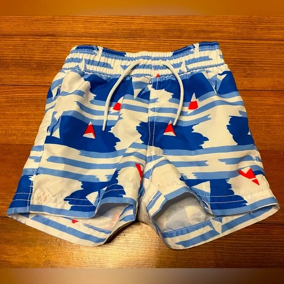 Janie & Jack Red Blue & White Nautical Sail Boat Swim Trunks Size 3-6 Months