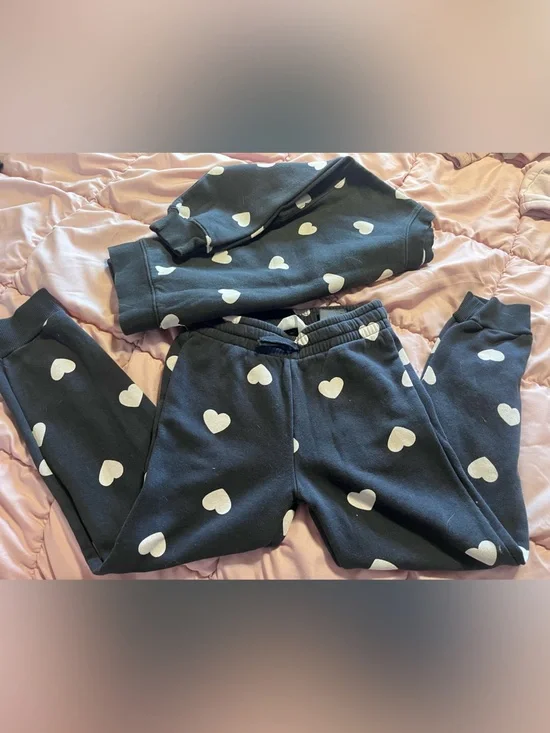 H&M Black Sweatpants & Top Set with White Heart Print