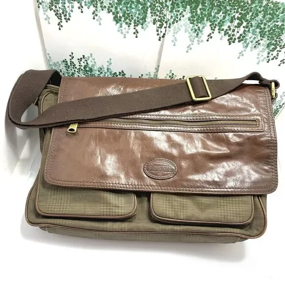 Fossil Leather & Fabric Messenger Laptop Adjustable Strap Bag Men’s