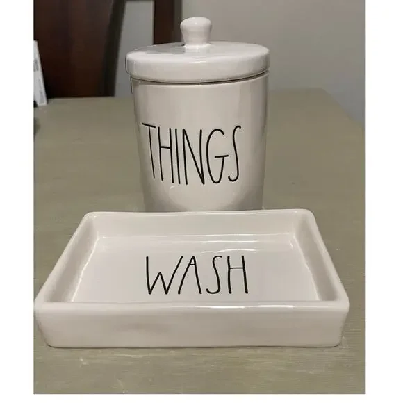 Rae Dunn 2 Pieces Ceramic Bathroom Set Dish Wash Plate And Things Jar With Lid‎