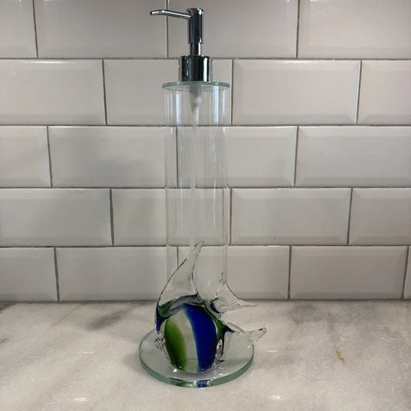 Unique Hand Blown Glass Fish Soap/lotion Clear Glass Dispenser Blue/green