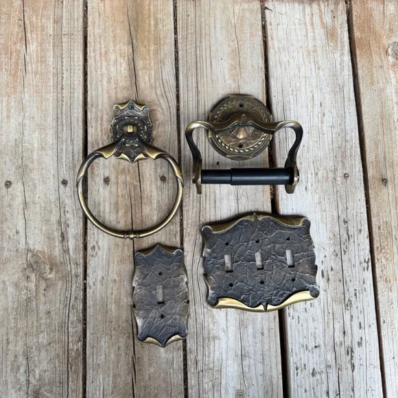 Vtg Amerock Carriage House Bath Hardware Set 1972 Brass Towel Ring Switch Plate