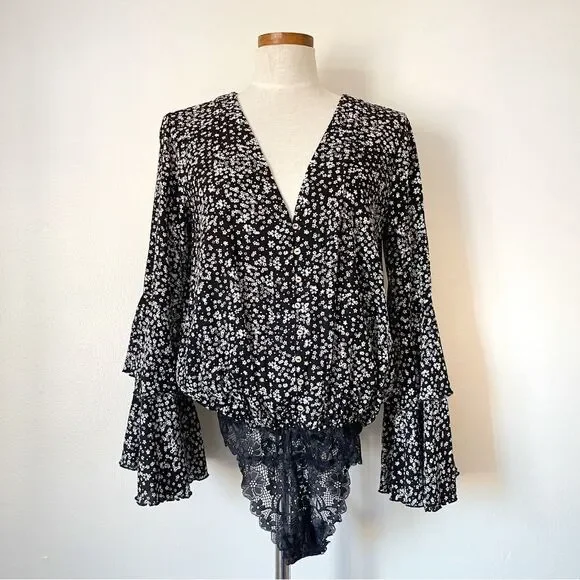 Free People Intimately Black Floral Bodysuit size Medium NWOT