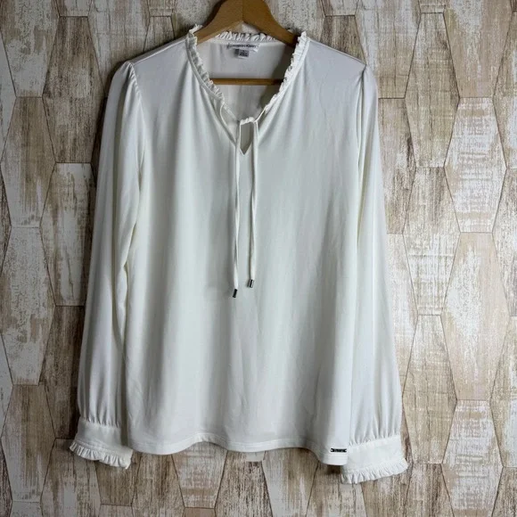 Calvin Klein Womens White Long Sleeve Ruffle Neck Tie Blouse Top Plus‎ Size L